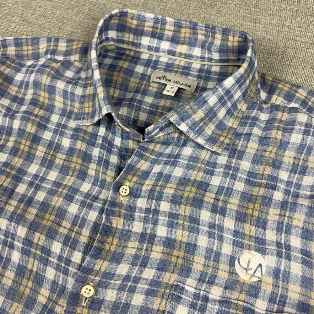 Peter Millar Shirt Mens Medium Blue Plaid Long Sleeve Button Up Linen Golf